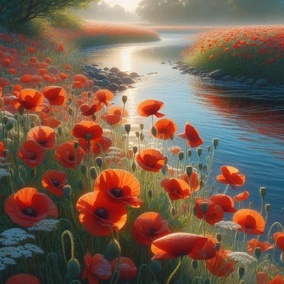 Poppy field by river at dawn