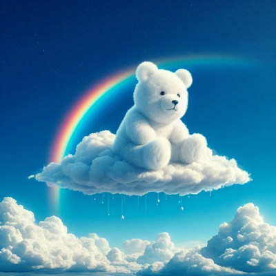 Teddy bear on a cloud with rainbow