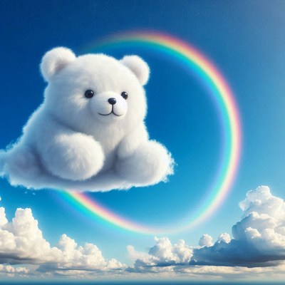 Teddy bear on a cloud with rainbow