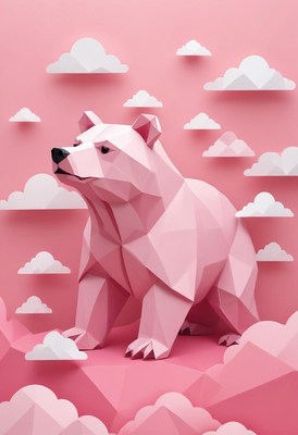 Pink paper bear in clouds