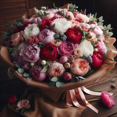 Peony bouquet on rustic wood