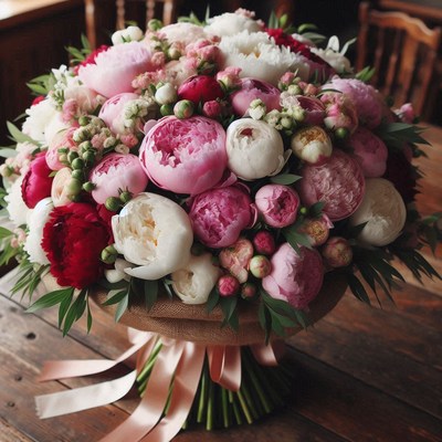 Colorful peony bouquet on wooden table