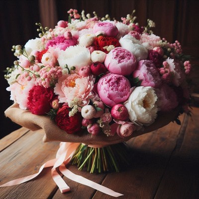 Pink and white peony bouquet on wooden table