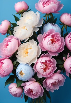 Pink and white peonies on blue background
