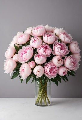 Pink peony bouquet in glass vase