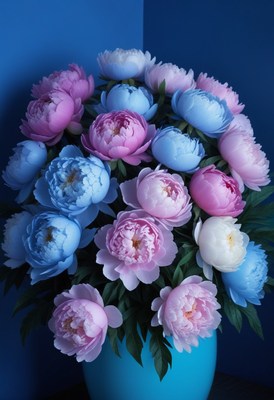 Blue and pink peonies in vase
