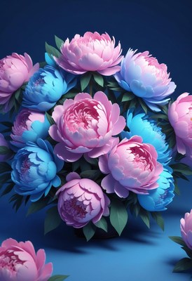 Pink and blue peonies on blue background