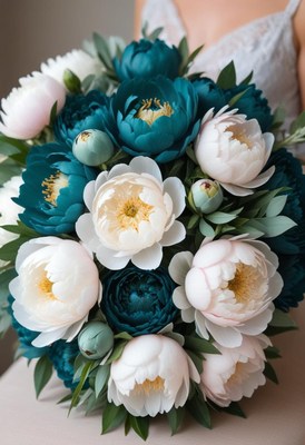 White and teal peony bouquet
