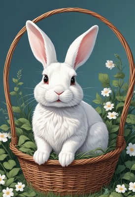 White rabbit in basket
