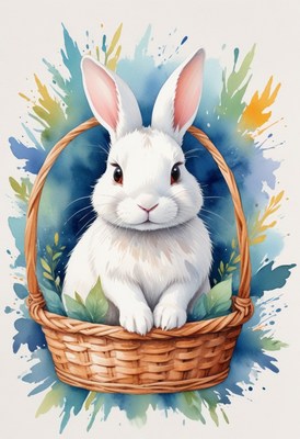 White rabbit in wicker basket