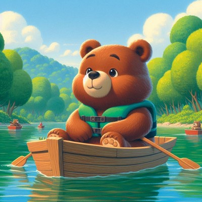 Bear rowing boat on lake