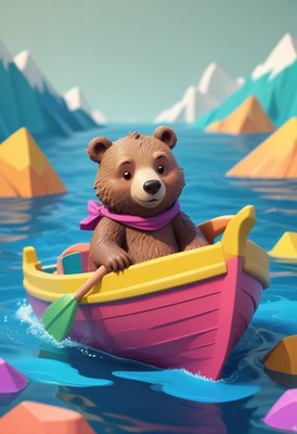 Bear rowing boat in blue water