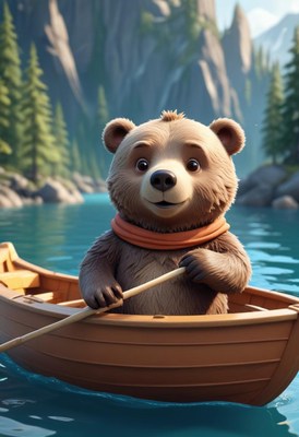 Bear paddling canoe in mountain lake