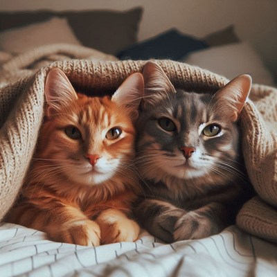 Two cats under blanket on bed