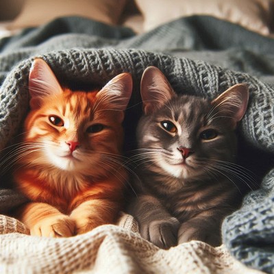 Cats relaxing under blanket