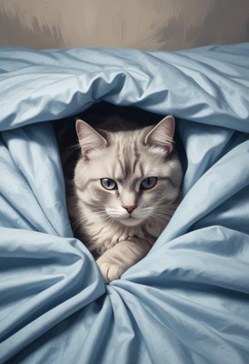 Cat under blue blanket