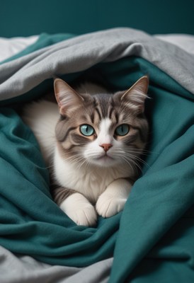White cat under teal blanket