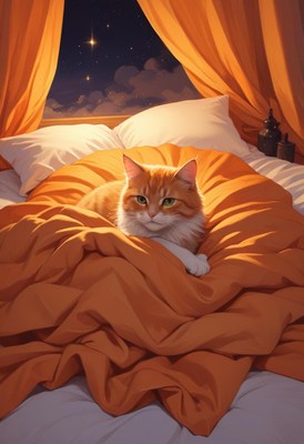 Orange cat under blanket at night