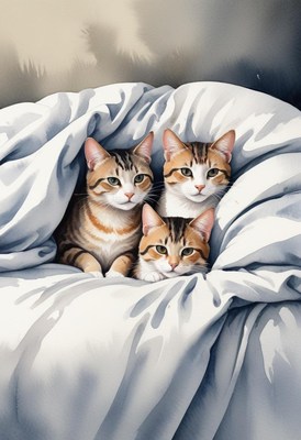 Three tabby cats under blanket