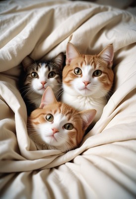 Three cats under blanket