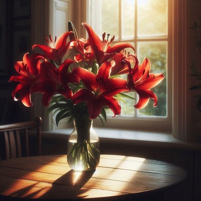 Red lily bouquet by window
