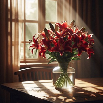 Red lilies in sunlight by window
