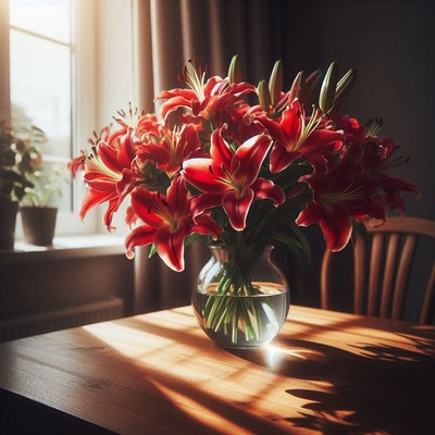 Red lilies in a glass vase