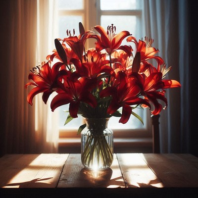 Red lilies in vase by window