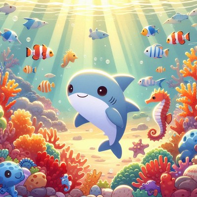 Cartoon shark in coral reef