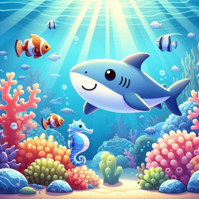 Cartoon shark in ocean scene
