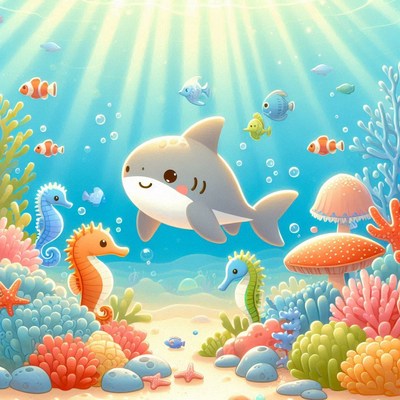 Cartoon shark and seahorses in coral reef