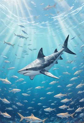 Shark swimming through sunlit ocean