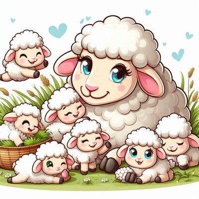 Mother sheep with lambs in grass