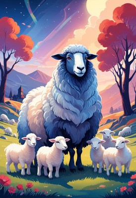 Sheep family at sunset