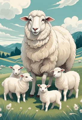 Sheep family in meadow