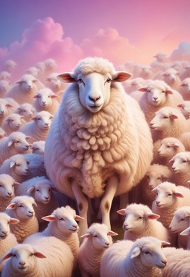 Sheep flock under pink sky