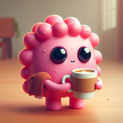 Pink character holding coffee