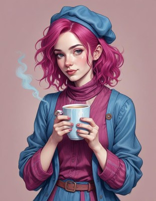 Woman with pink hair drinks coffee
