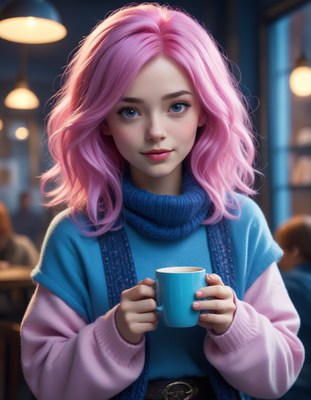Pink-haired woman drinking coffee