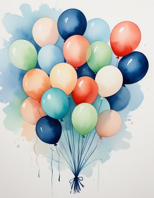 Watercolor painting of colorful balloons