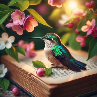 Hummingbird perched on open book