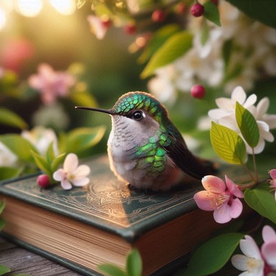 Hummingbird perched on book in spring