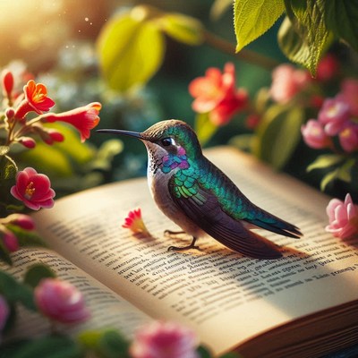 Hummingbird on open book in garden