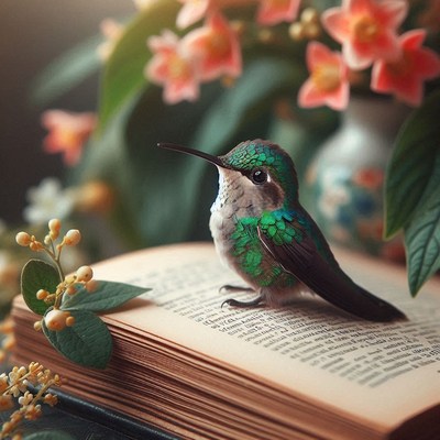 Hummingbird perched on open book