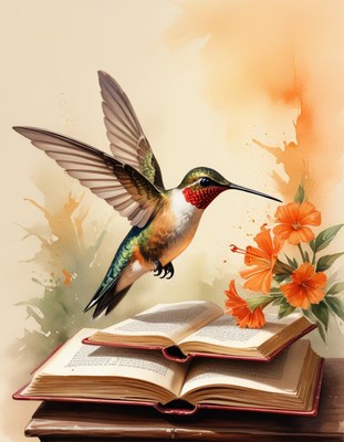 Hummingbird perched on books