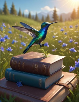Hummingbird perched on books in meadow