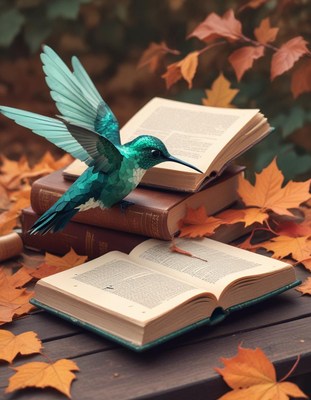 Hummingbird perched on books in autumn