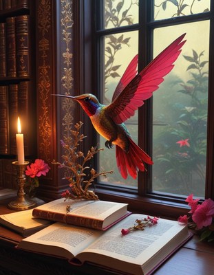 Hummingbird at a window with books