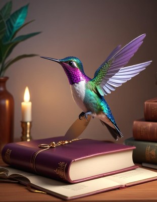 Hummingbird perched on book with candlelight