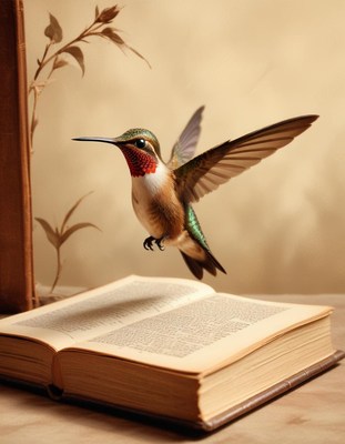 Hummingbird flying over open book